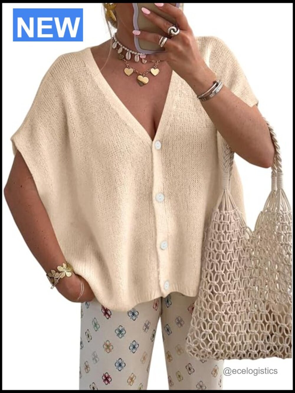 Oversized Batwing Short Sleeve Cardigan V-Neck Button Down Knit Sweater